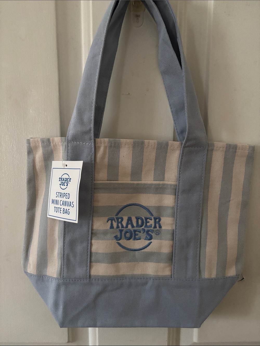 Trader Joe's Striped Mini Canvas Tote Bag in Light Blue and Beige